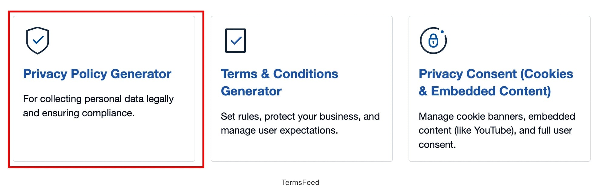 Screenshot of the TermsFeed Solutions - Privacy Policy Generator highlighted