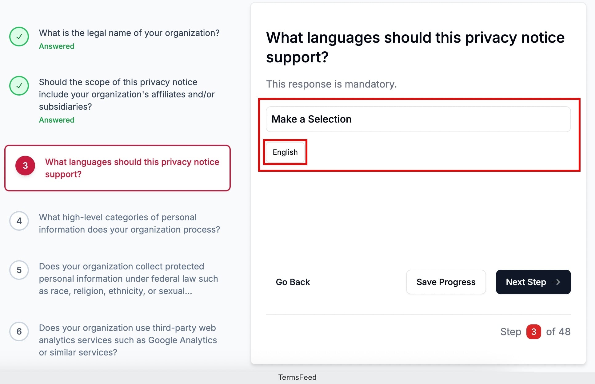 Excerpt from Captain Compliance App Privacy Policy Generator - Only English language support