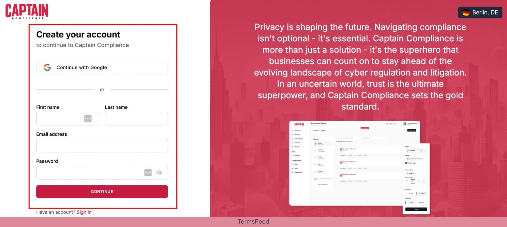 Excerpt from Captain Compliance - Create your account page