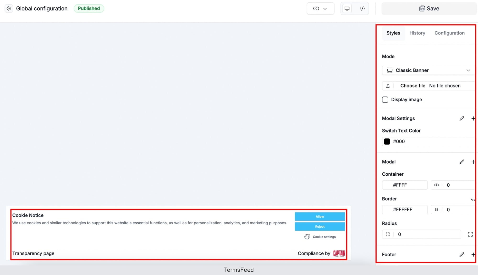 Excerpt from Captain Compliance Solutions Consent configuration - customization