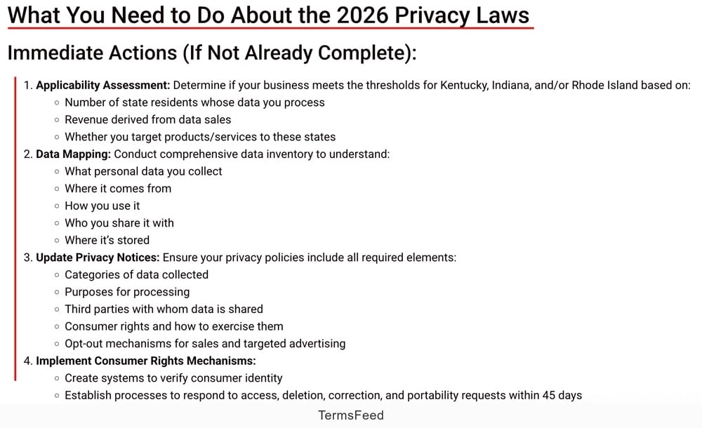 Excerpt from Captain Compliance Solutions for Privacy Laws - Immediate actions