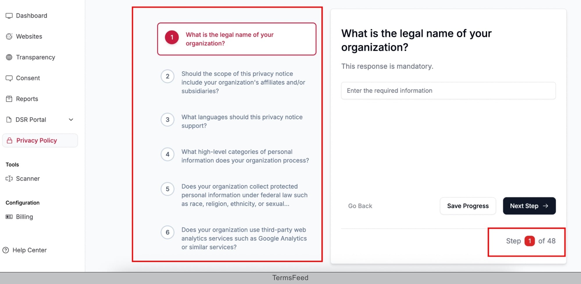 Excerpt from Captain Compliance Solutions Privacy Policy Generator - Question