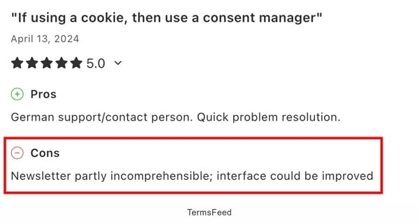 Screenshot of the Capterra review of the consentmanager with Cons highlighted
