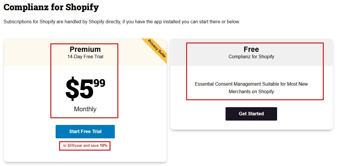 Complianz Shopify App Pricing page