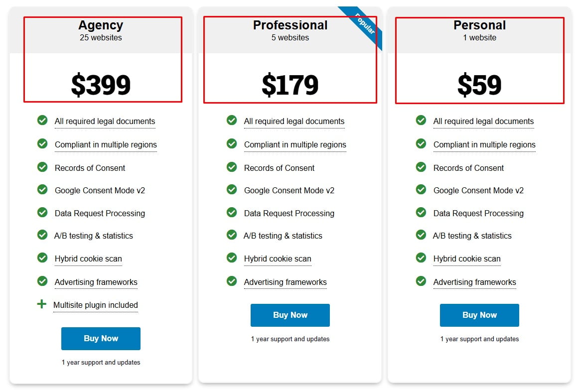 Complianz WordPress Plugin Pricing page