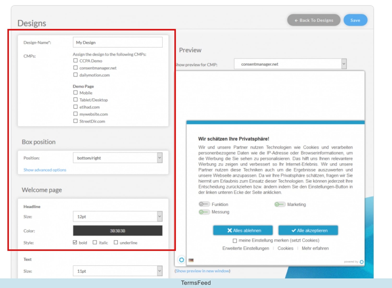 Screenshot of the consentmanager - Books - CMP - Banner customization options