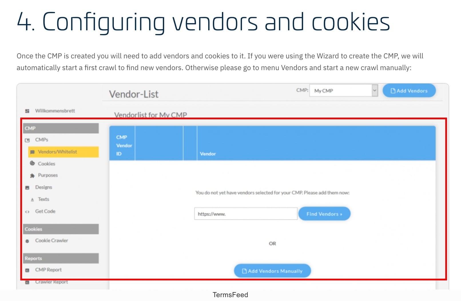 Screenshot of the consentmanager - Books - CMP - Configuring vendors and cookies