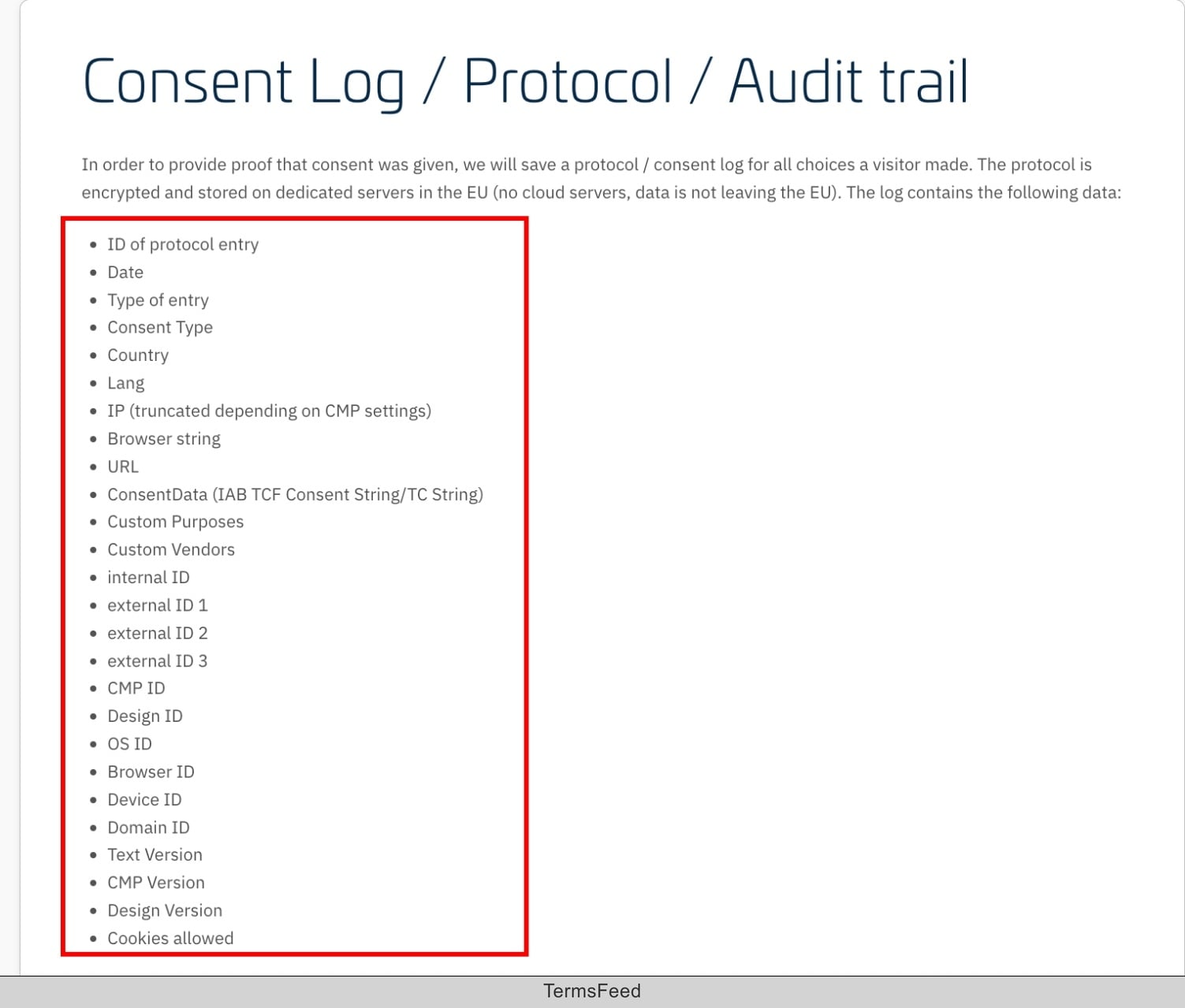 Screenshot of the consentmanager - Books - CMP - Consent logs protocols and audit trails excerpt