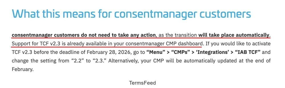 Screenshot of the consentmanager knowledge - IAB TCF 2.3 support