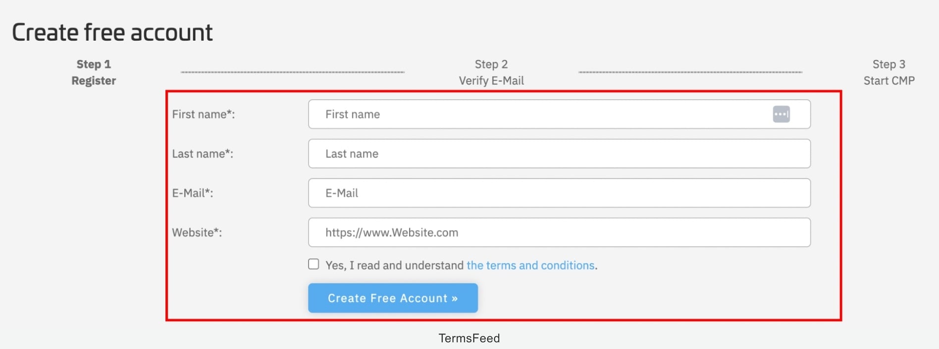 Screenshot of the consentmanager - Sign up page steps