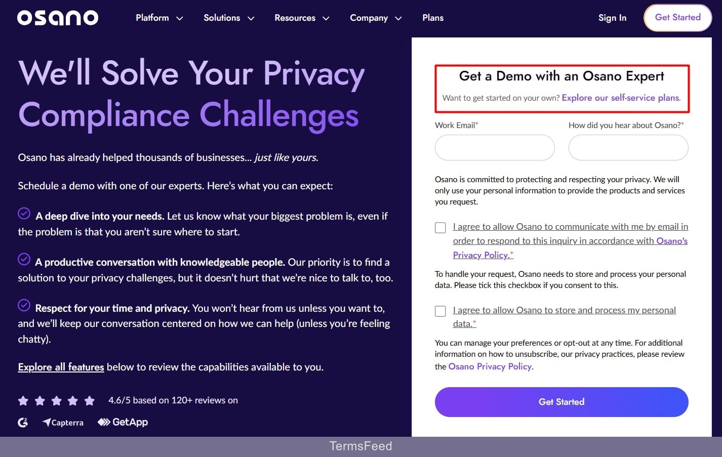 Osano Plans and Pricing page with Get a Demo with an Osano Expert highlighted