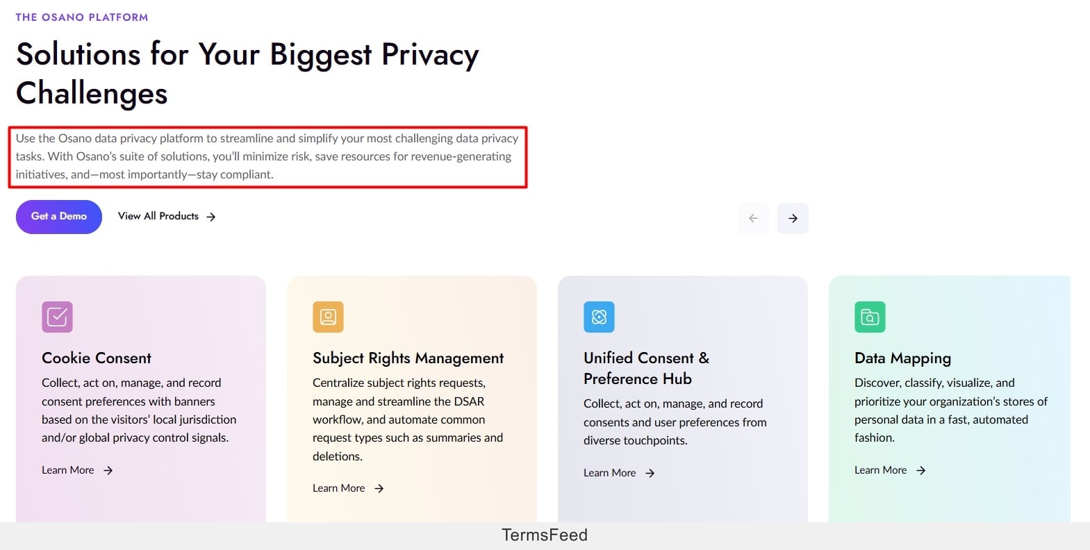 Osano Platform solutions excerpt