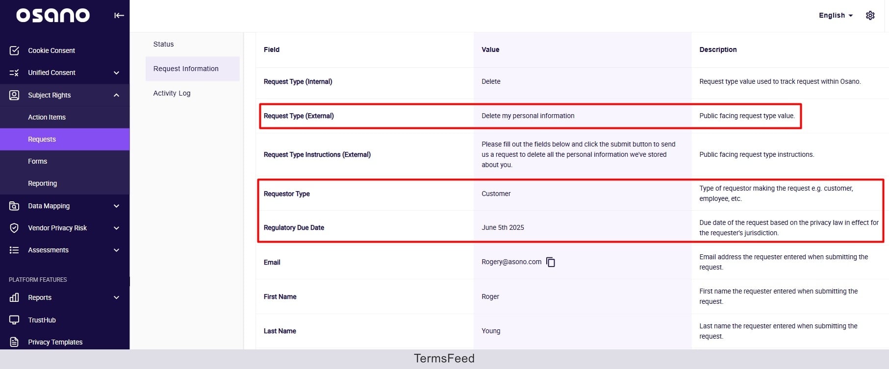 Osano Subject Rights Request example