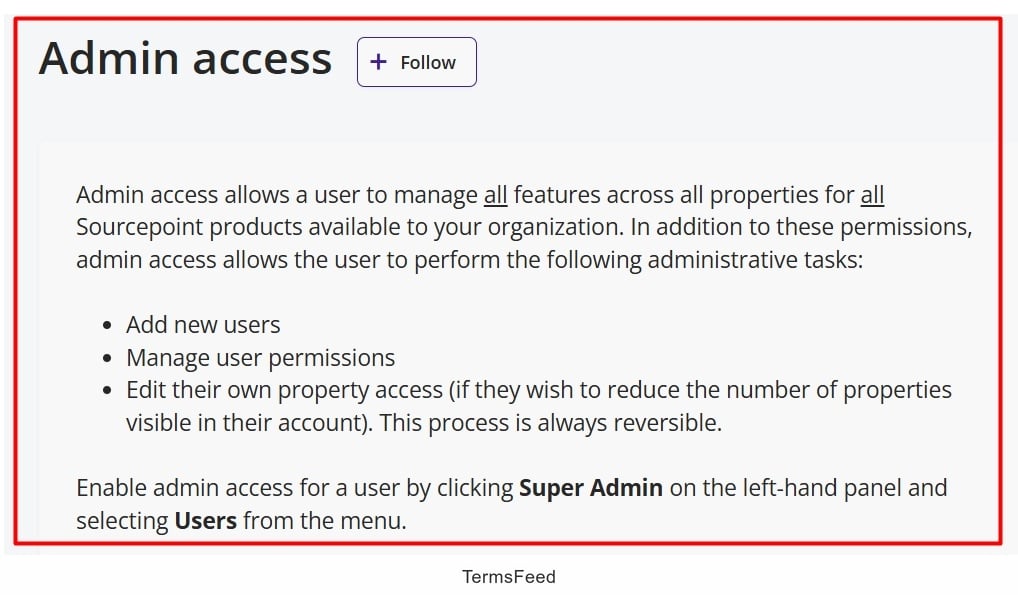 Sourcepoint Documentation - Admin Access - excerpt