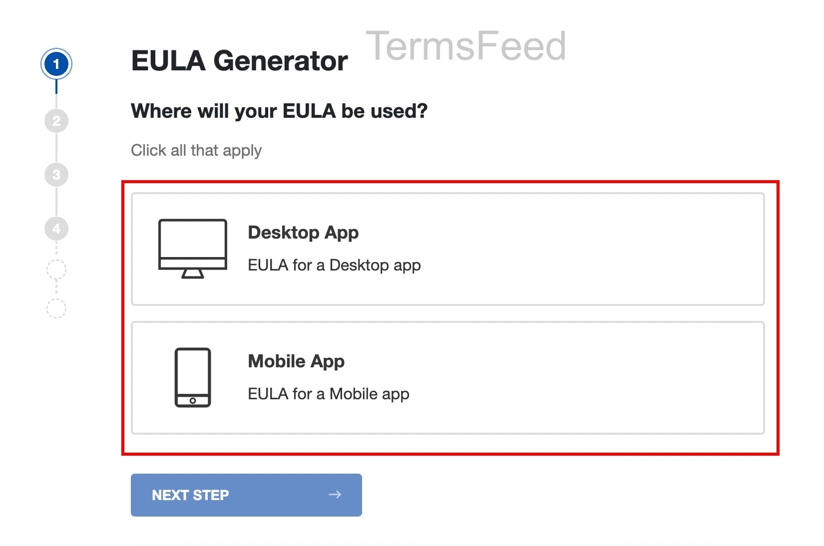 TermsFeed - EULA Generator - Step 1 - excerpt