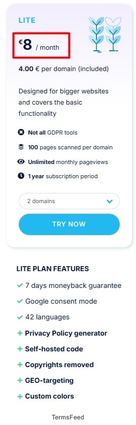 CookieScript - Pricing - Lite plan excerpt