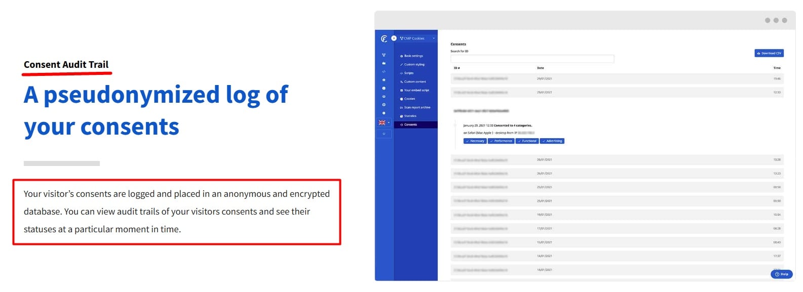 CookieFirst - Cookie Consent Manager Features - Consent Audit Log - excerpt