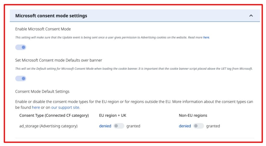 Excerpt - Settings of the Microsoft Ads Consent Mode - CookieFirst Feature