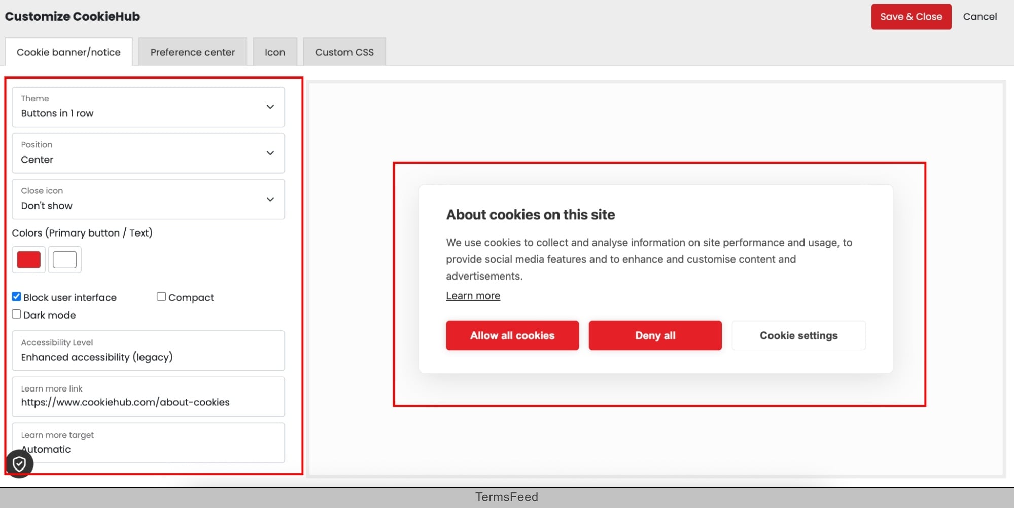 CookieHub - Dashboard - Cookie banner - Customize options excerpt