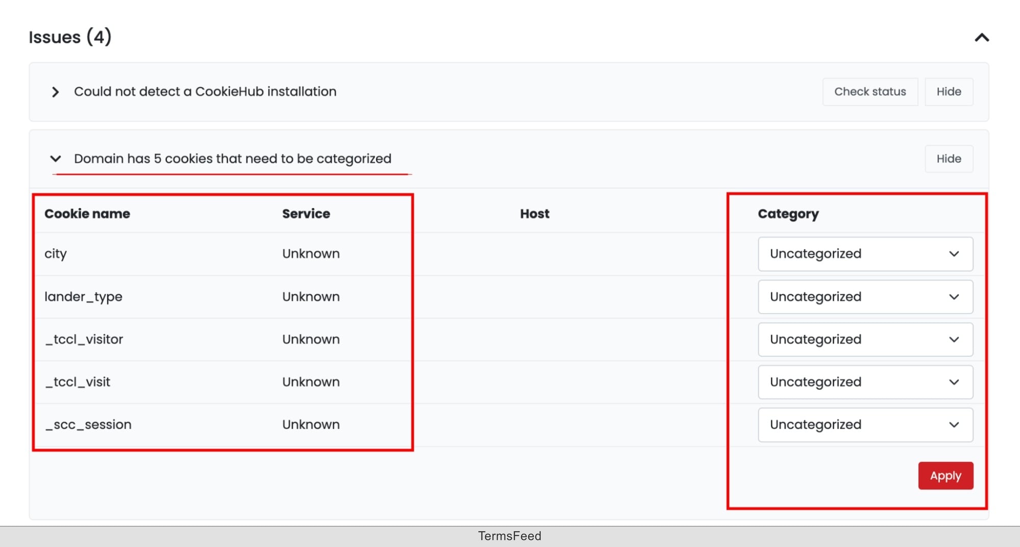 CookieHub - Documentation - detected cookies report - excerpt