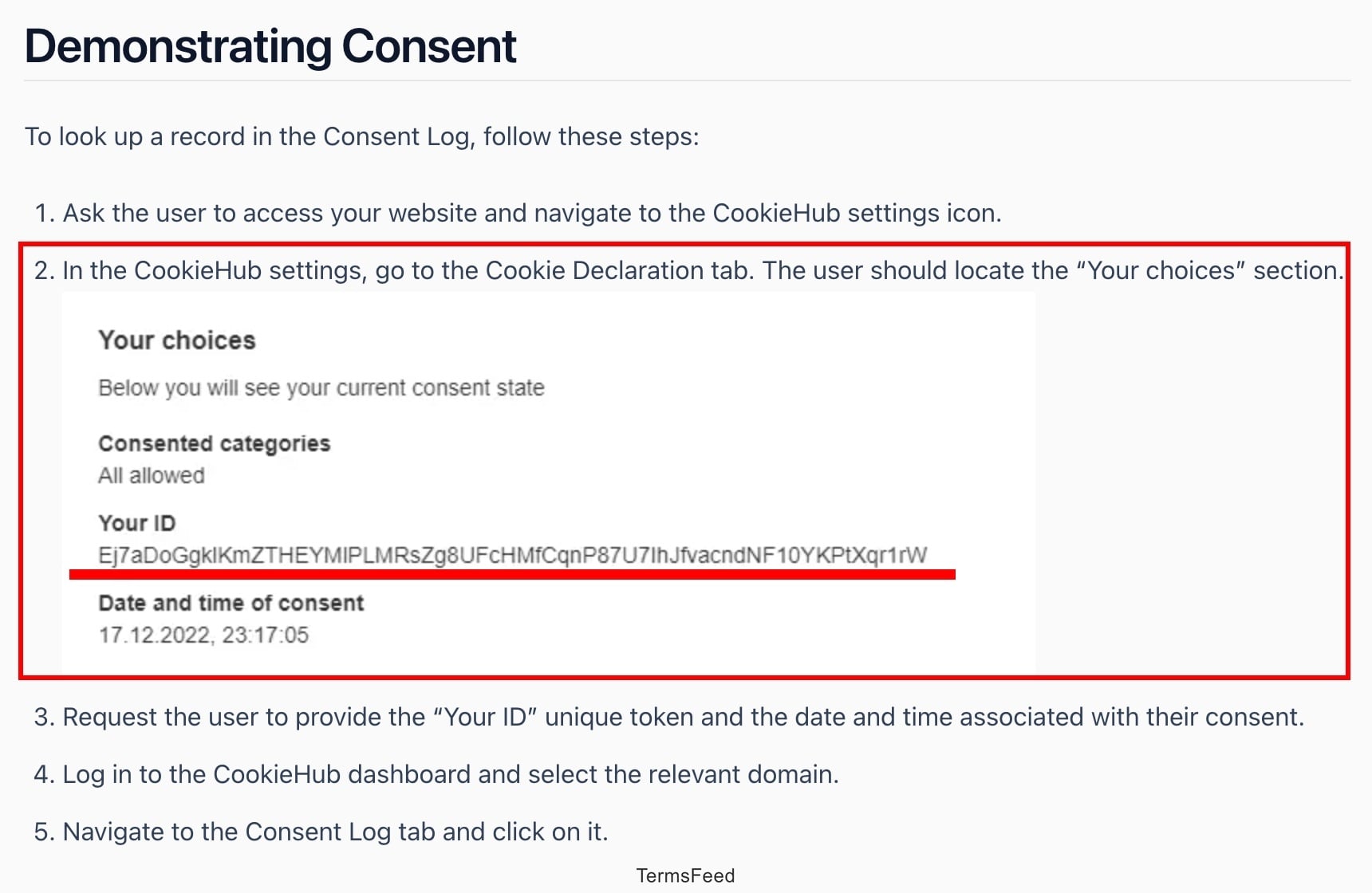 CookieHub - Documentation - Features - Consent Log - Demonstrate excerpt