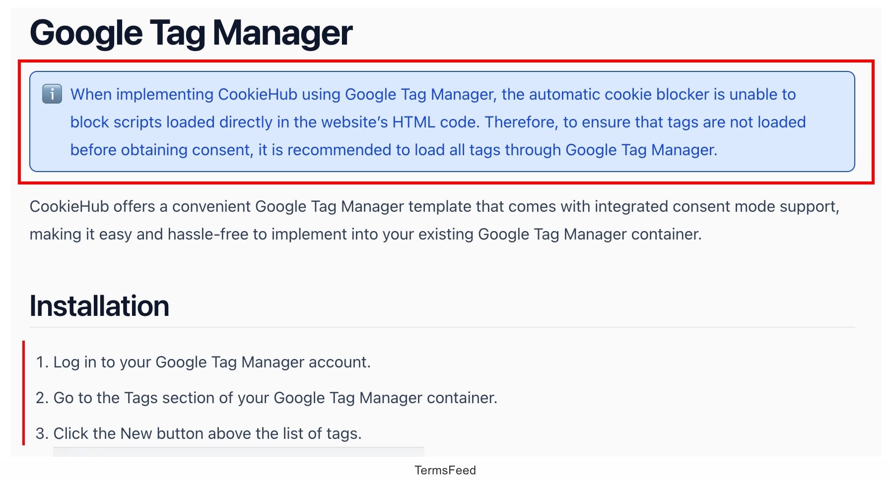 CookieHub - Documentation - Installation - Google Tag Manager excerpt