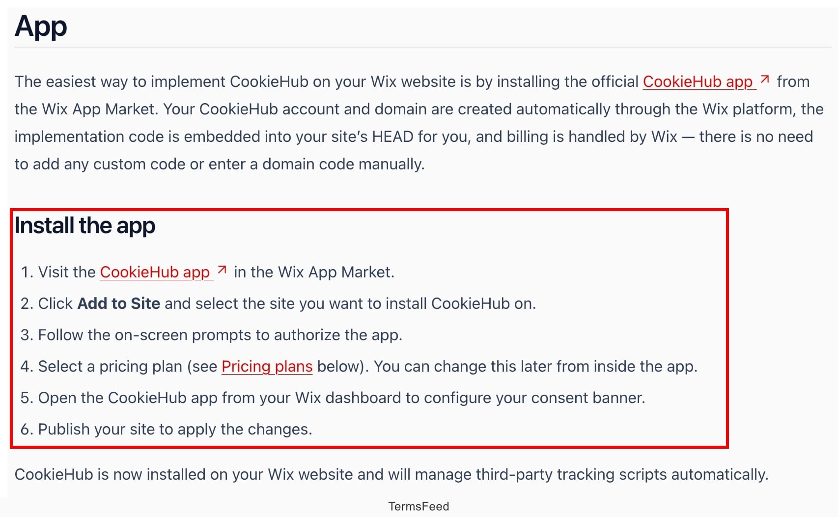 CookieHub - Documentation - Installation - Wix app excerpt