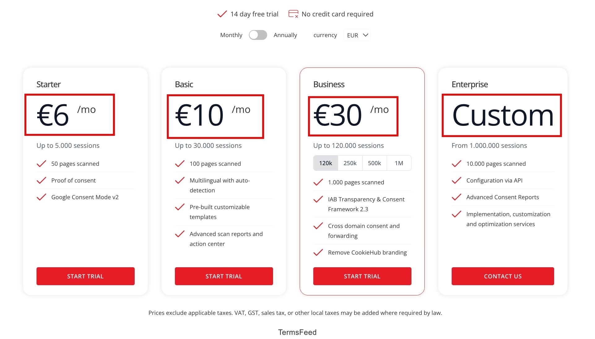 CookieHub - Pricing page excerpt