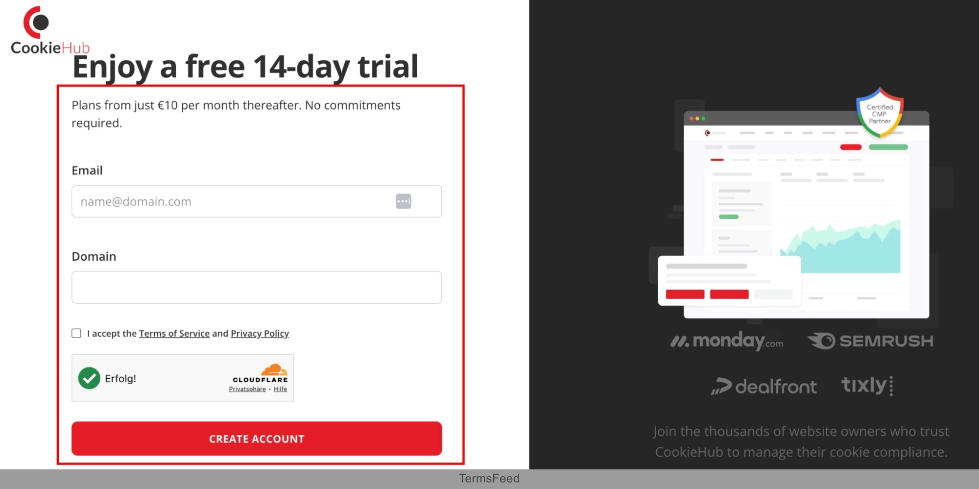 CookieHub - Sign up page - 14-day Free Trial screenshot