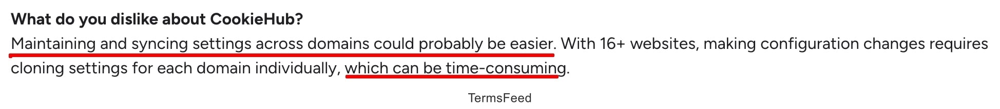 G2 Product review - CookieHub - Dislike - Maintaining and syncing settings across domain - excerpt