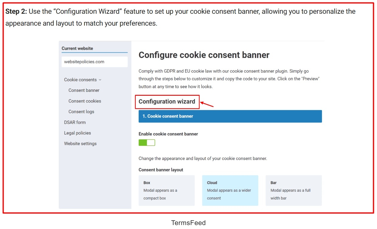 WebsitePolicies - Support - How to add a Cookie Banner to your website - Configuration wizard