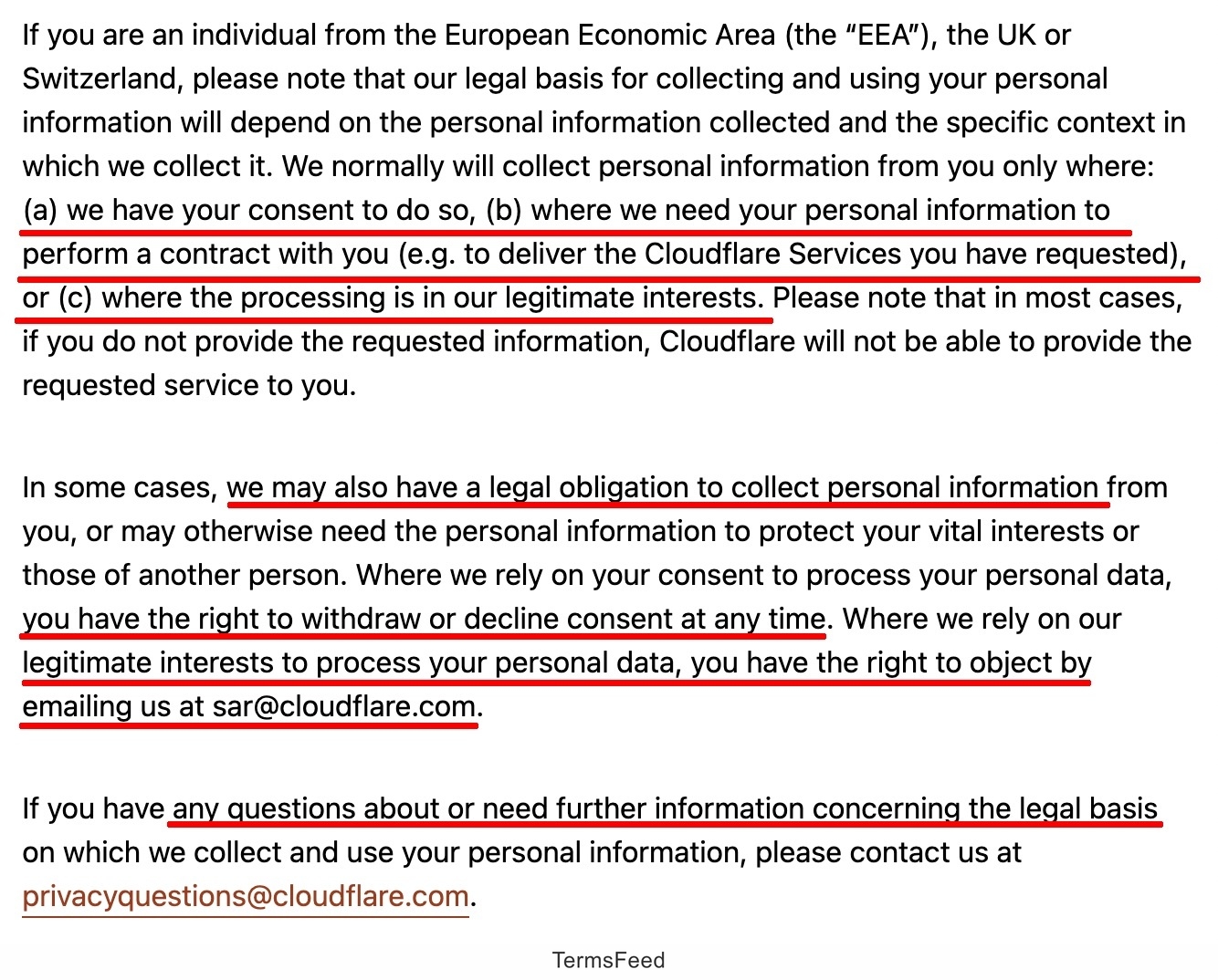 Cloudflare Privacy Policy - Notice To EU, UK, And Swiss Residents clasue excerpt