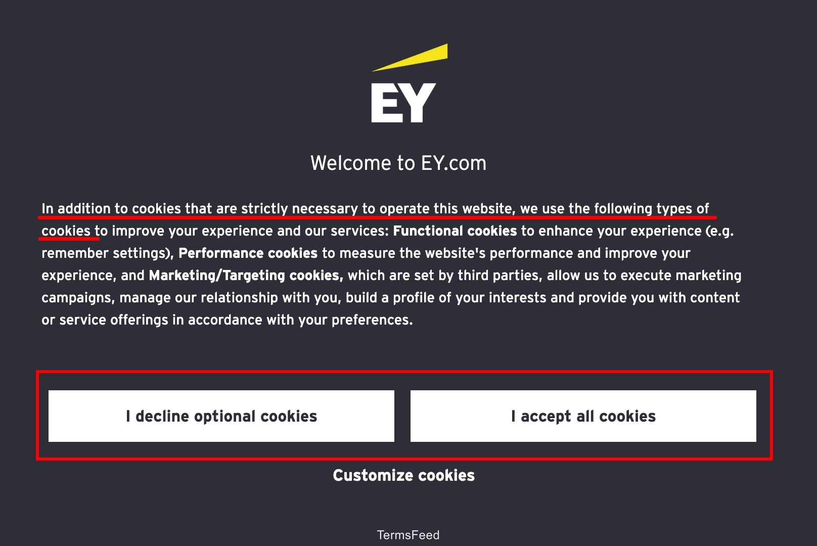 Example of the Cookie notice banner as consent wall