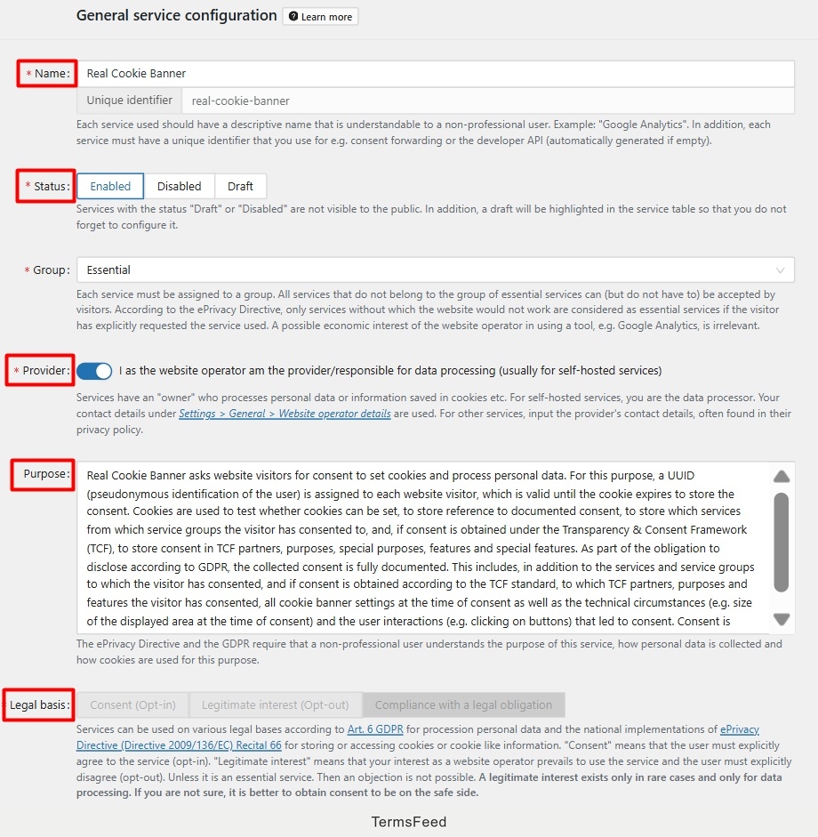 Real Cookie Banner - Dashboard - General Service Configuration