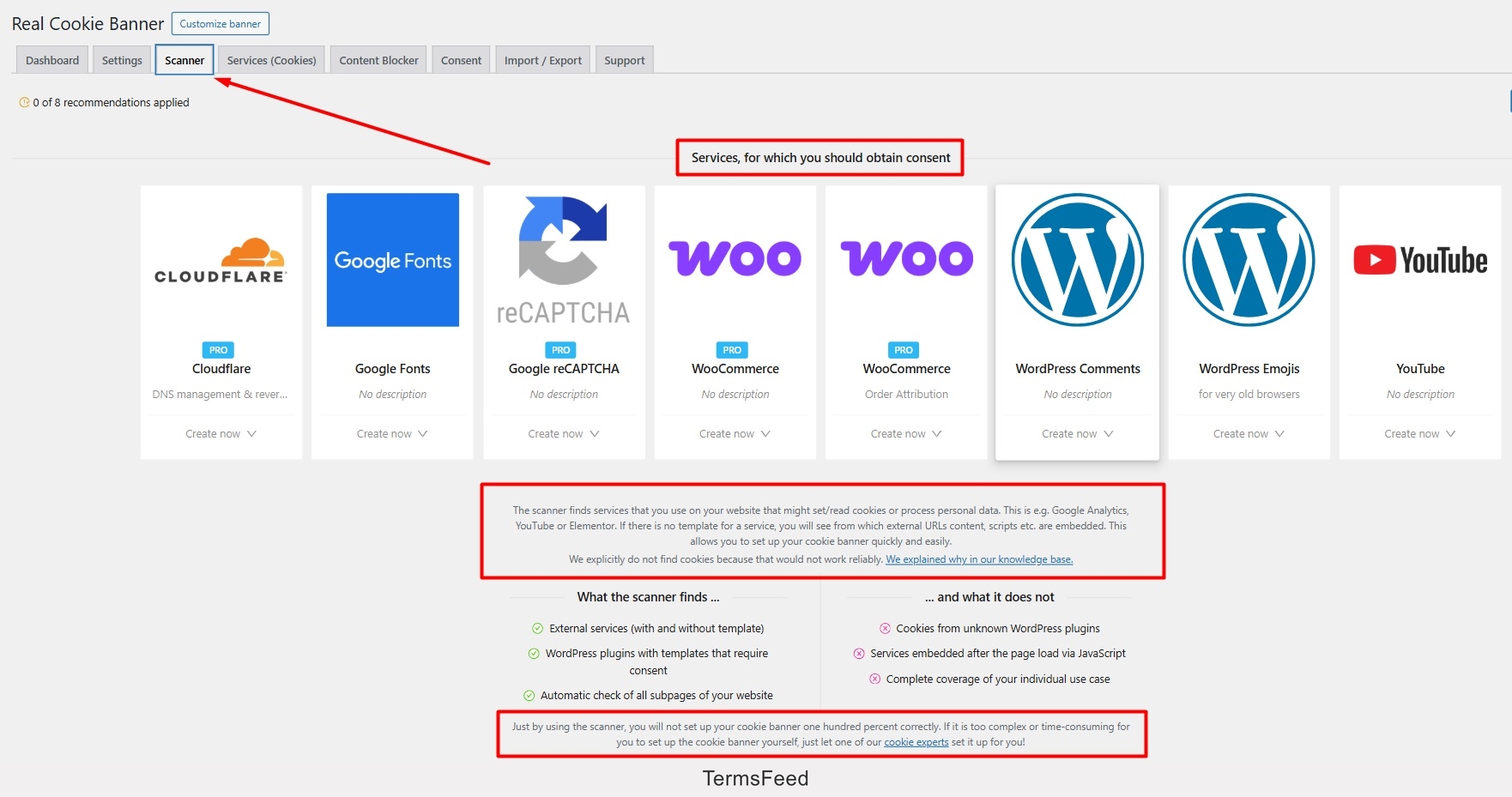 Real Cookie Banner - Dashboard - Service Scanner highlighted