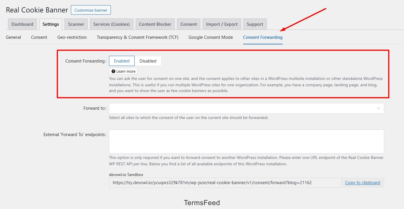 Real Cookie Banner: Dashboard - Consent Forwarding highlighted
