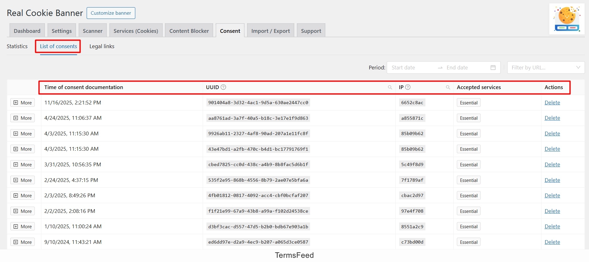 Real Cookie Banner: Dashboard - Consent - List of consents - documentation excerpt
