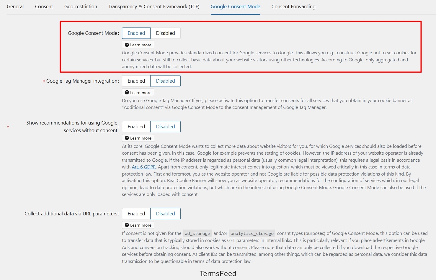 Real Cookie Banner: Dashboard - Google Consent Mode highlighted