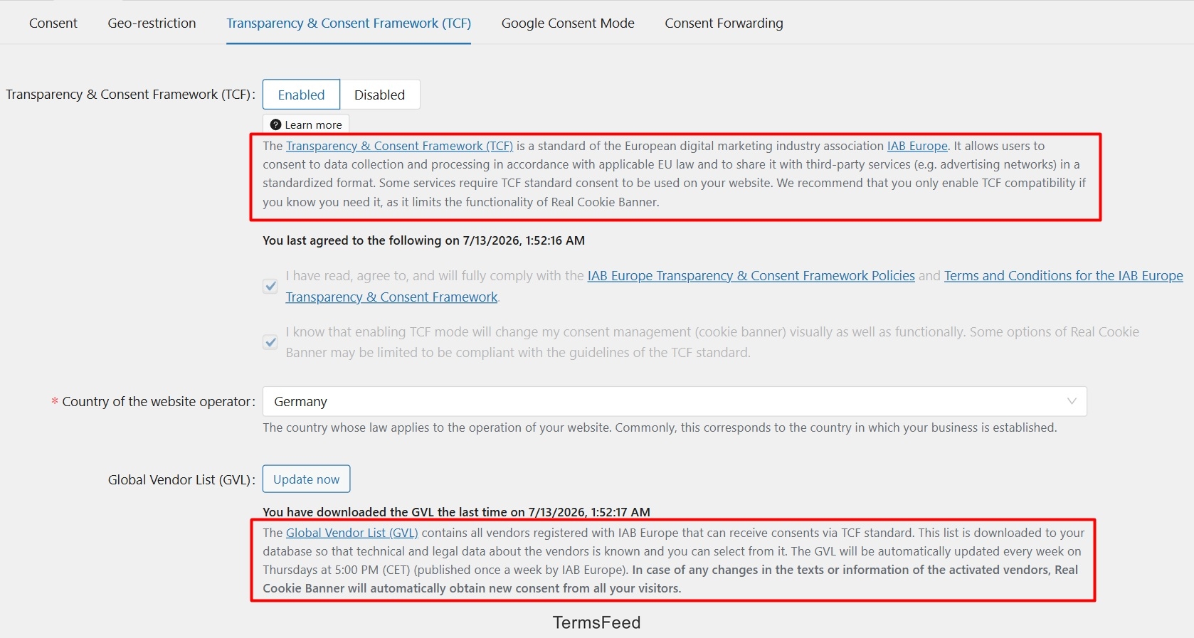Real Cookie Banner - Dashboard - IAB TCF v2.2 settings highlighted