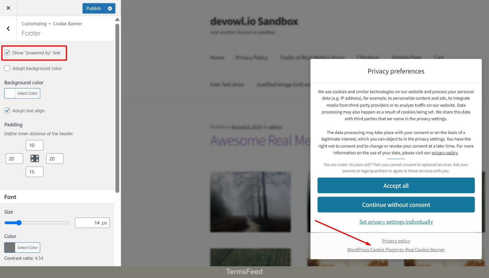 Real Cookie Banner: Dashboard - Show powered by link option highlighted