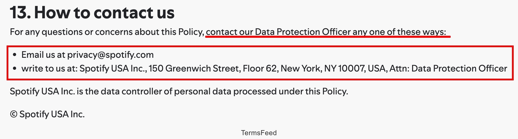 Spotify - Legal - Privacy Policy - How to contact us clause highlighted