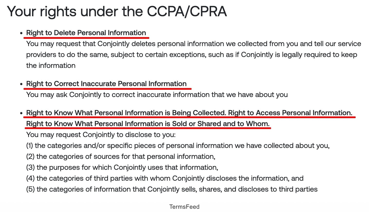 Conjointly Legal CCPA Statement User rights clause excerpt