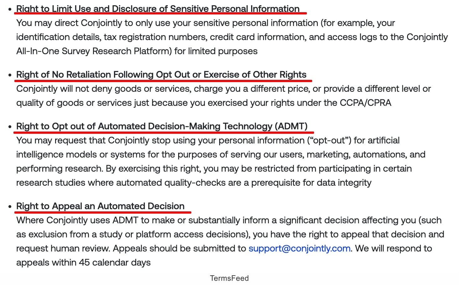 Conjointly Legal CCPA Statement User rights clause second part excerpt