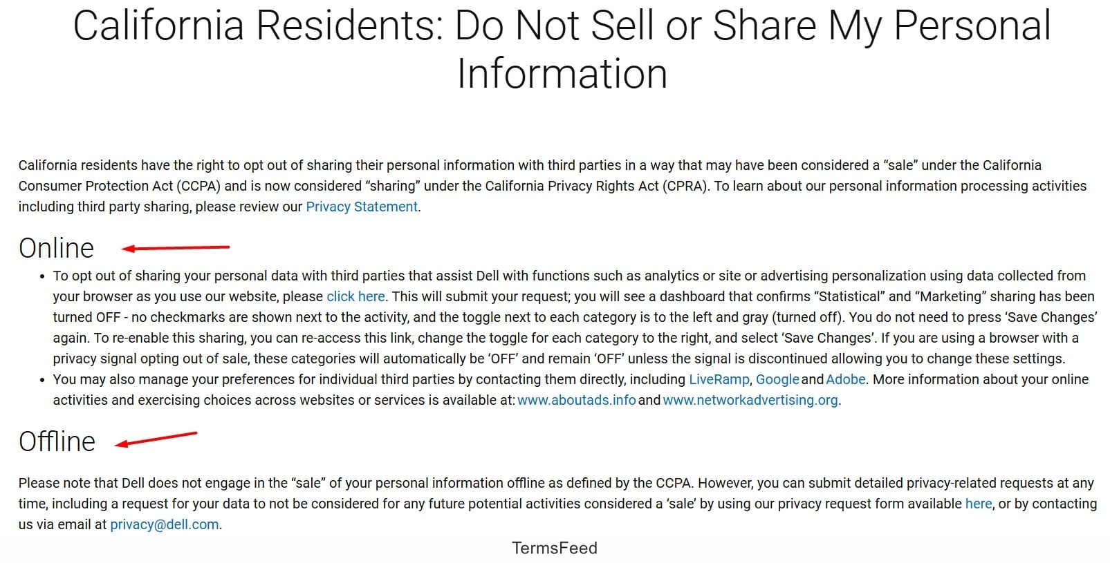 Dell - Do not sell my info page with Online and Offline opt-out options