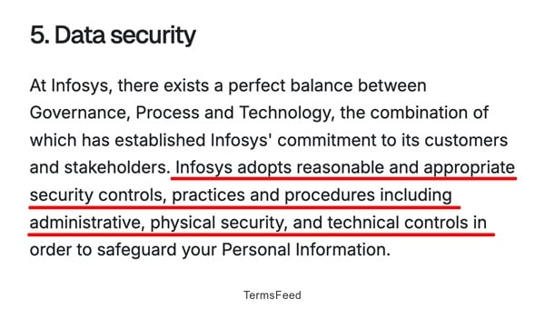 Infosys Privacy Statement Data Security clause excerpt