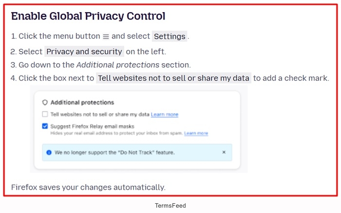 Mozilla support enable global privacy control instructions
