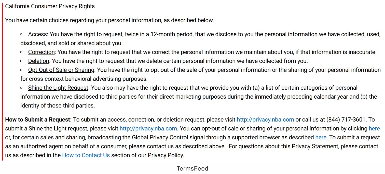 NBA California Consumer Privacy Statement - Consumer Rights clause excerpt