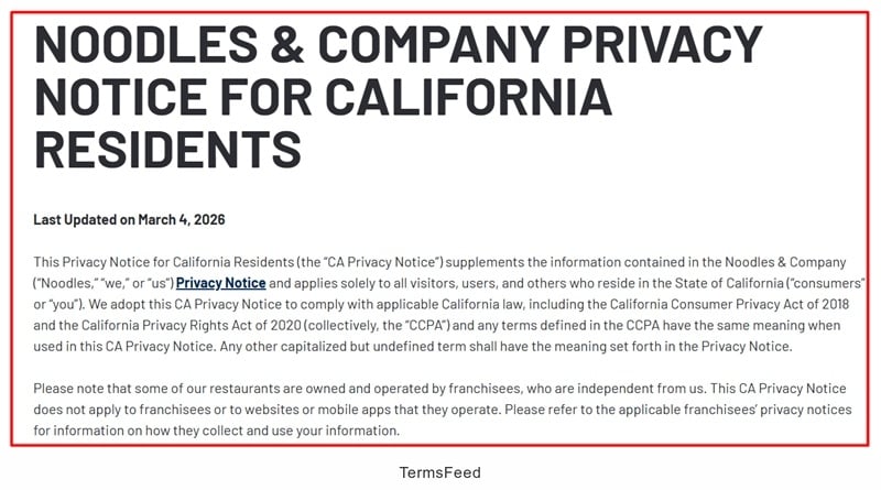 Noodle and Company Privacy Notice for California residents - introduction excerpt