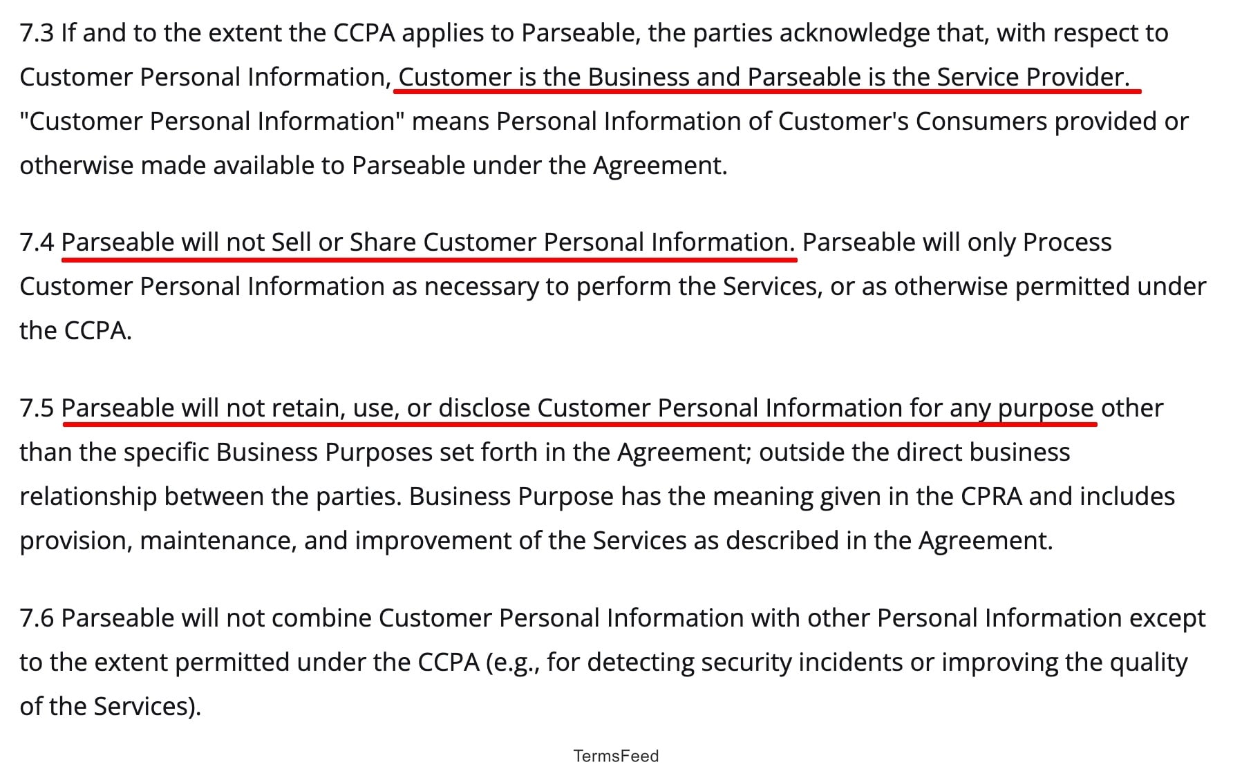 Parsable - DPA - CPRA (California) Service-Provider Terms clause excerpt