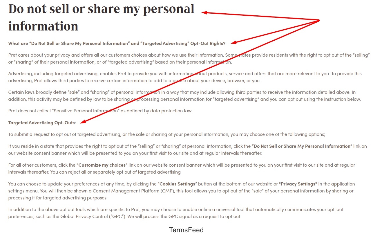 Pret - Do Not Sell or Share My Information page excerpt